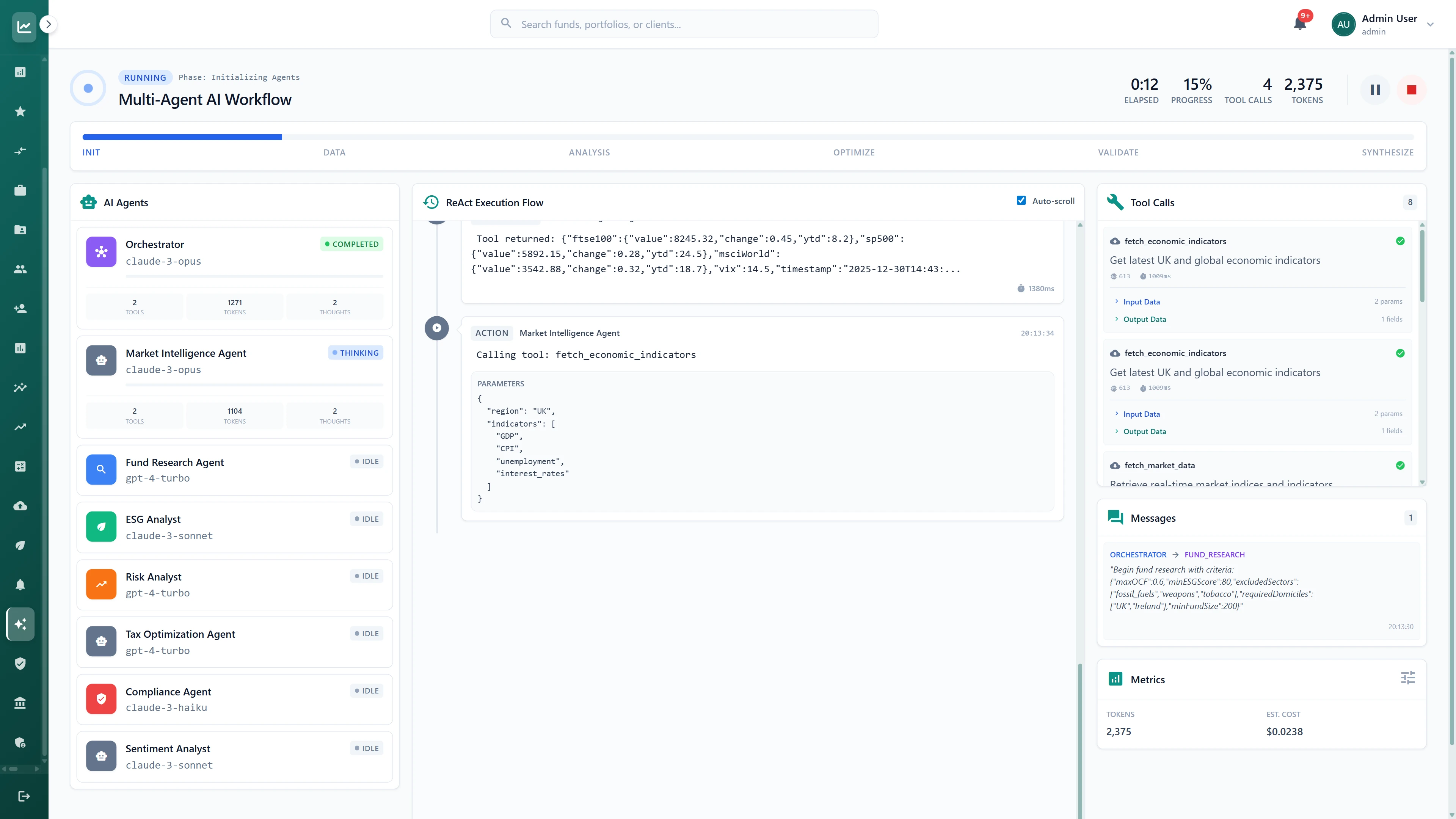 Multi-Agent AI Workflow initialization interface showing 8 specialized agents (Orchestrator, Market Intelligence, Fund Research, ESG Analyst, Risk Analyst, Tax Optimization, Compliance, Sentiment Analyst) with ReAct Execution Flow displaying real-time tool calls and market data retrieval parameters
