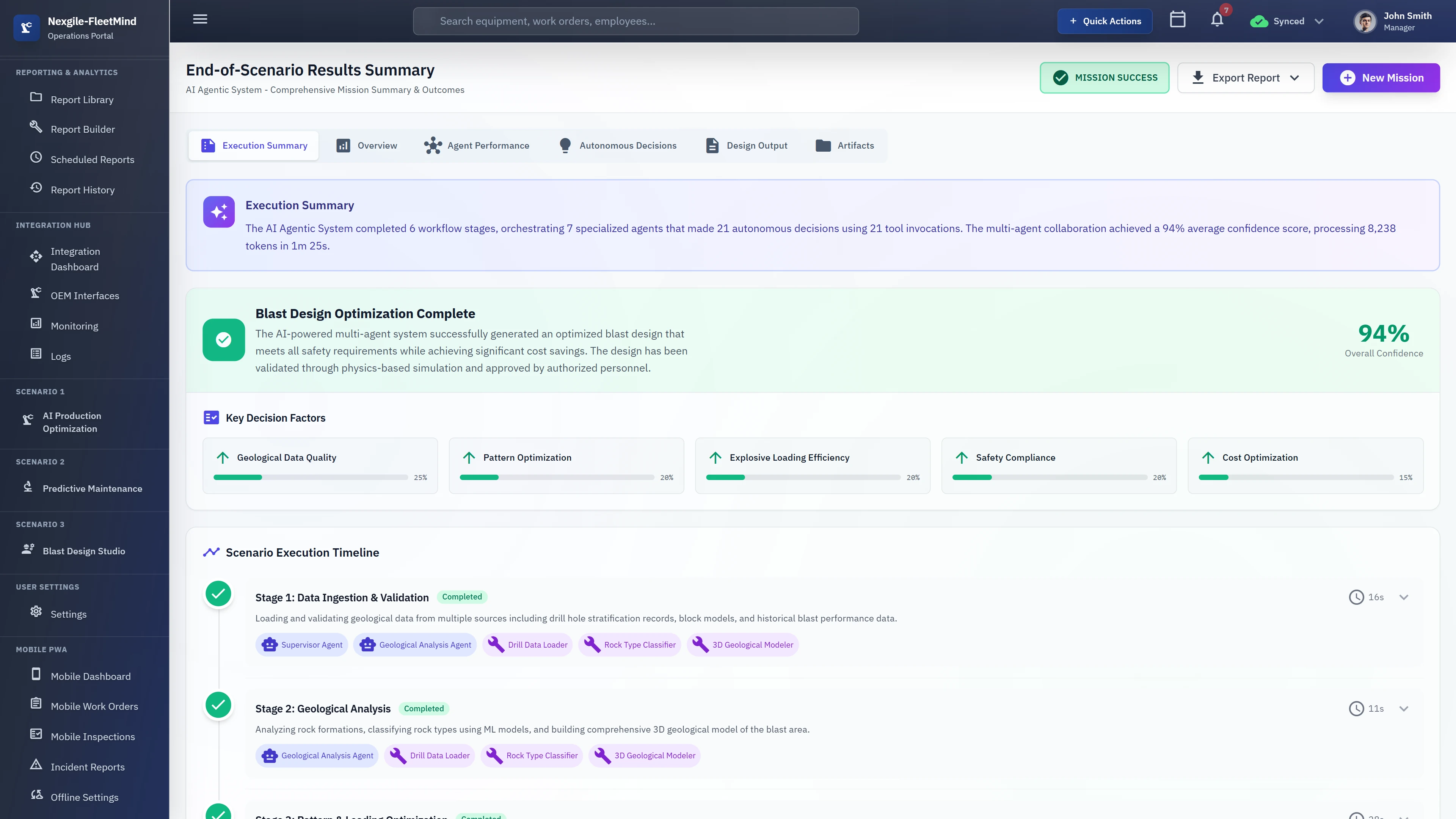 End-of-Scenario Results Summary displaying mission success status with 94% overall confidence, execution summary of multi-agent collaboration, blast design optimization completion confirmation, key decision factors breakdown, and detailed scenario execution timeline with completed workflow stages.