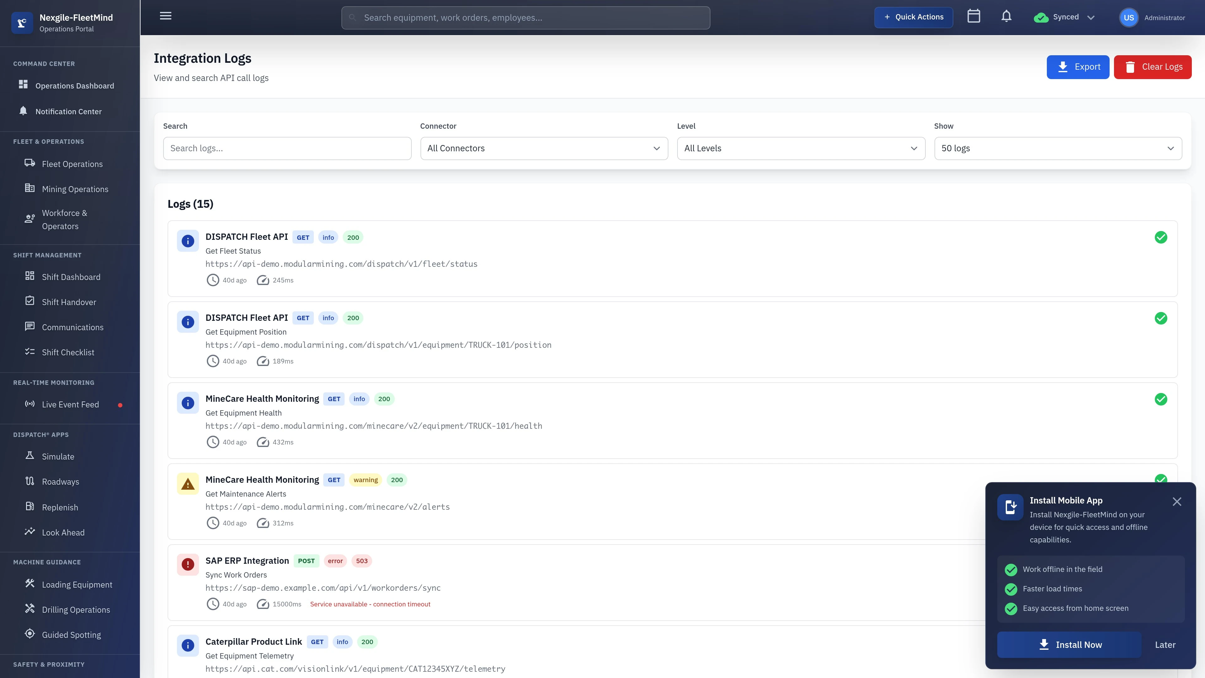 Integration Logs showing system connectivity status and data synchronization events