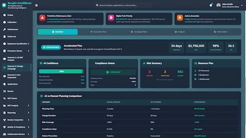 Accelerated Plan Comparison - AI vs Manual planning comparison showing 98% faster planning time, 98% risk coverage, $2.75M budget with predictive maintenance alerts and compliance status