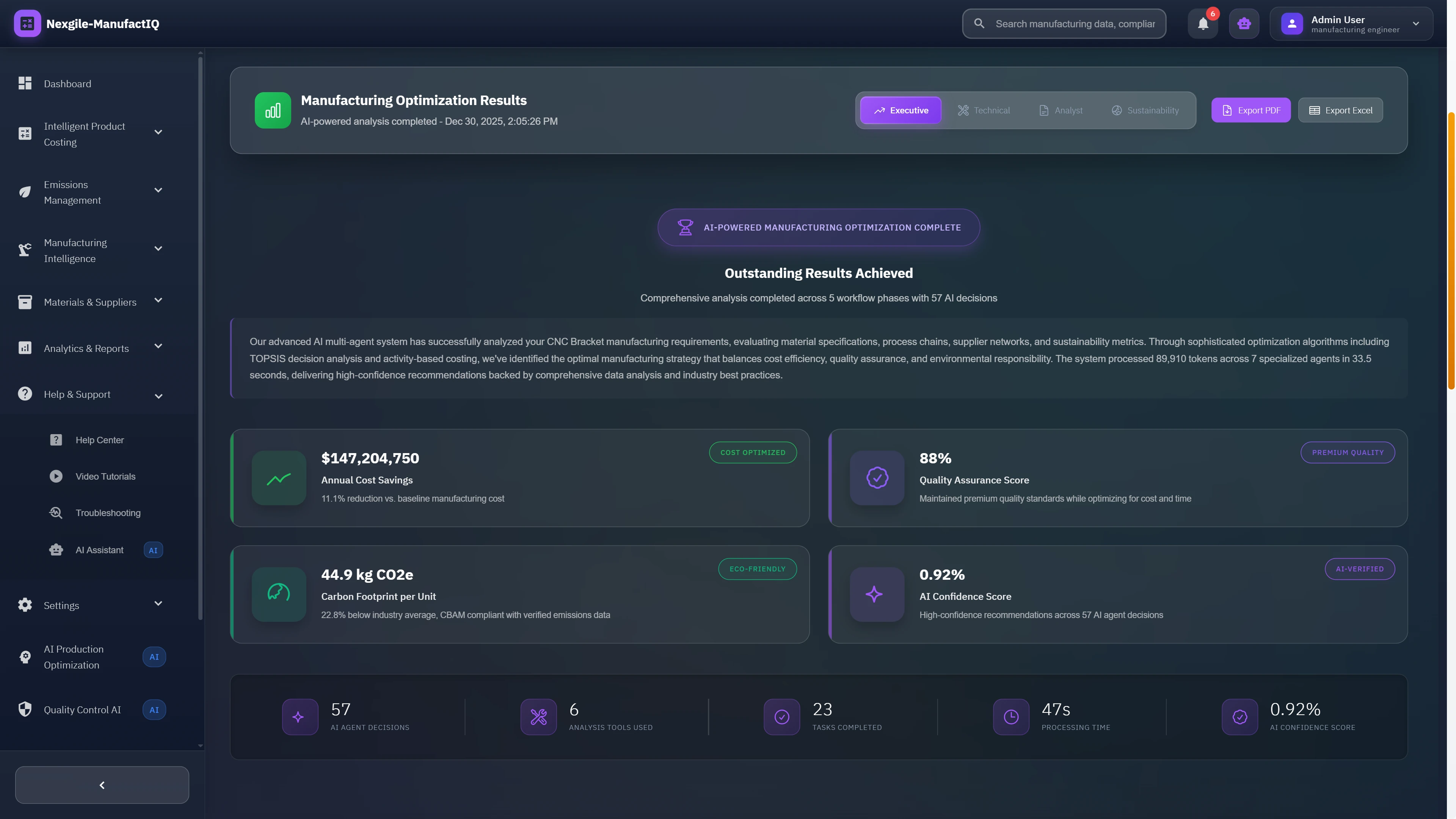 Manufacturing optimization results dashboard presenting comprehensive analysis including annual cost savings, quality scores, carbon footprint, and AI confidence metrics