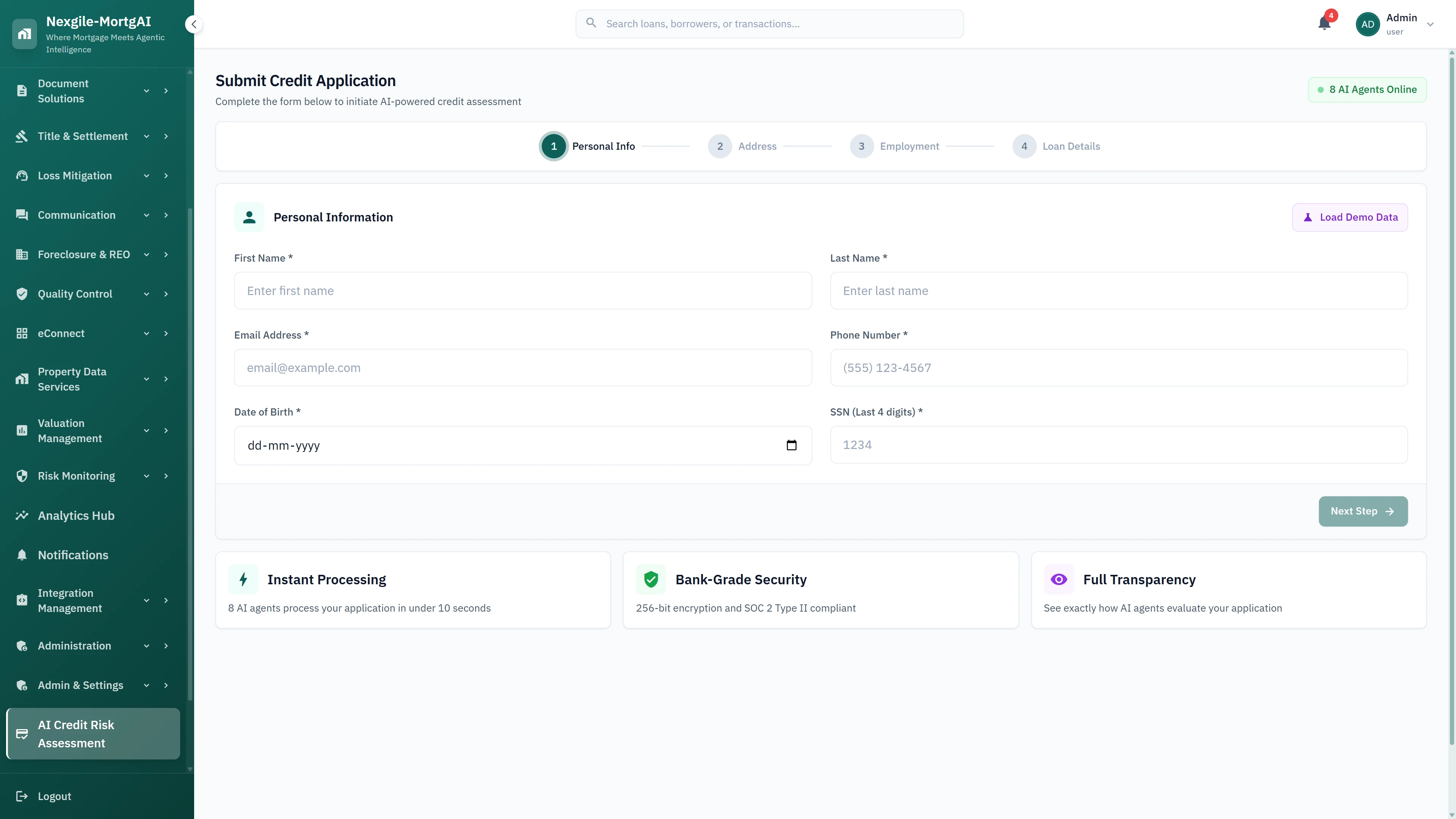 Credit application submission form with 4-step wizard capturing personal info, address, employment, and loan details with instant AI processing