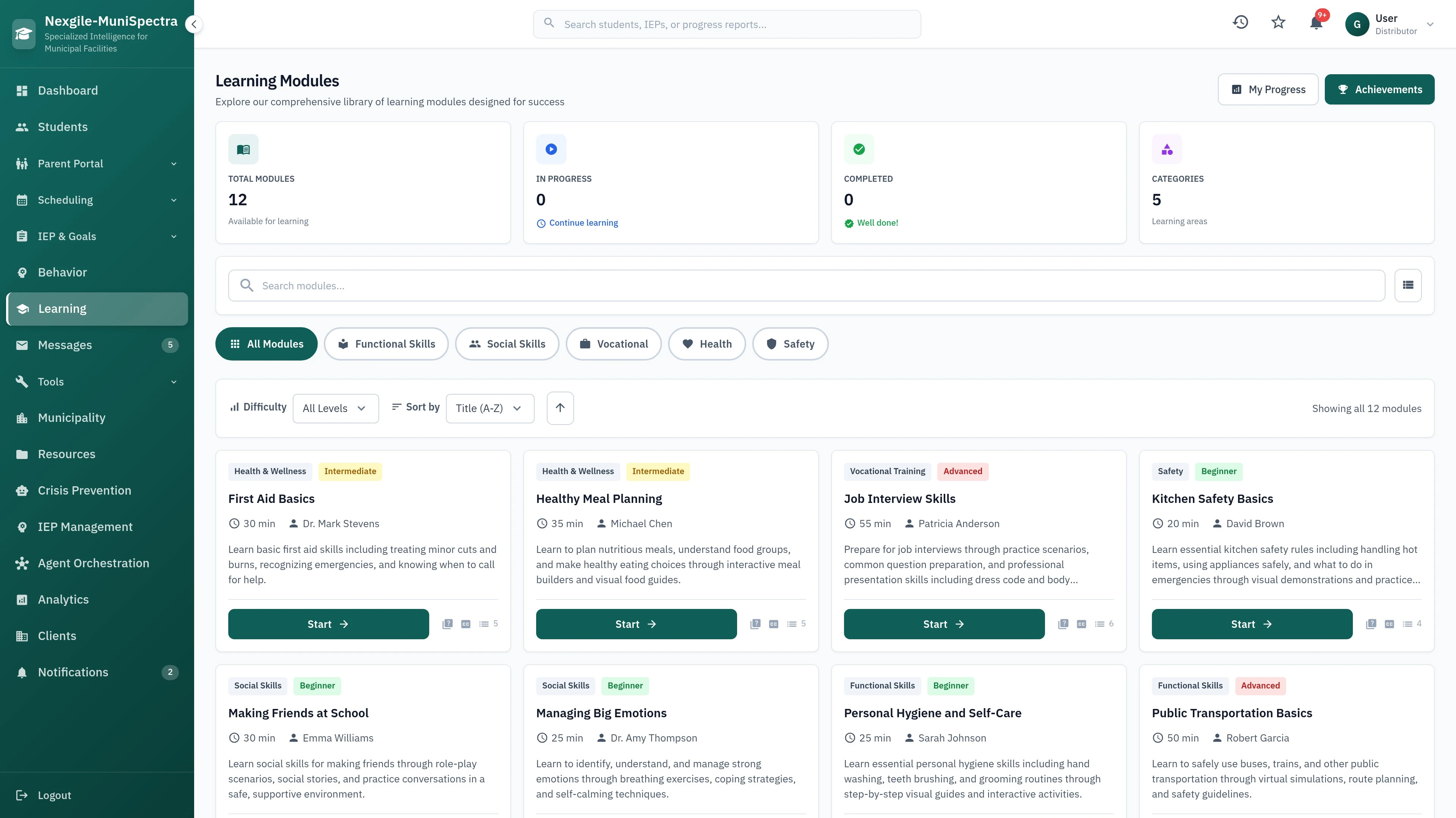 Learning Modules Interface - Interactive module navigation and course management