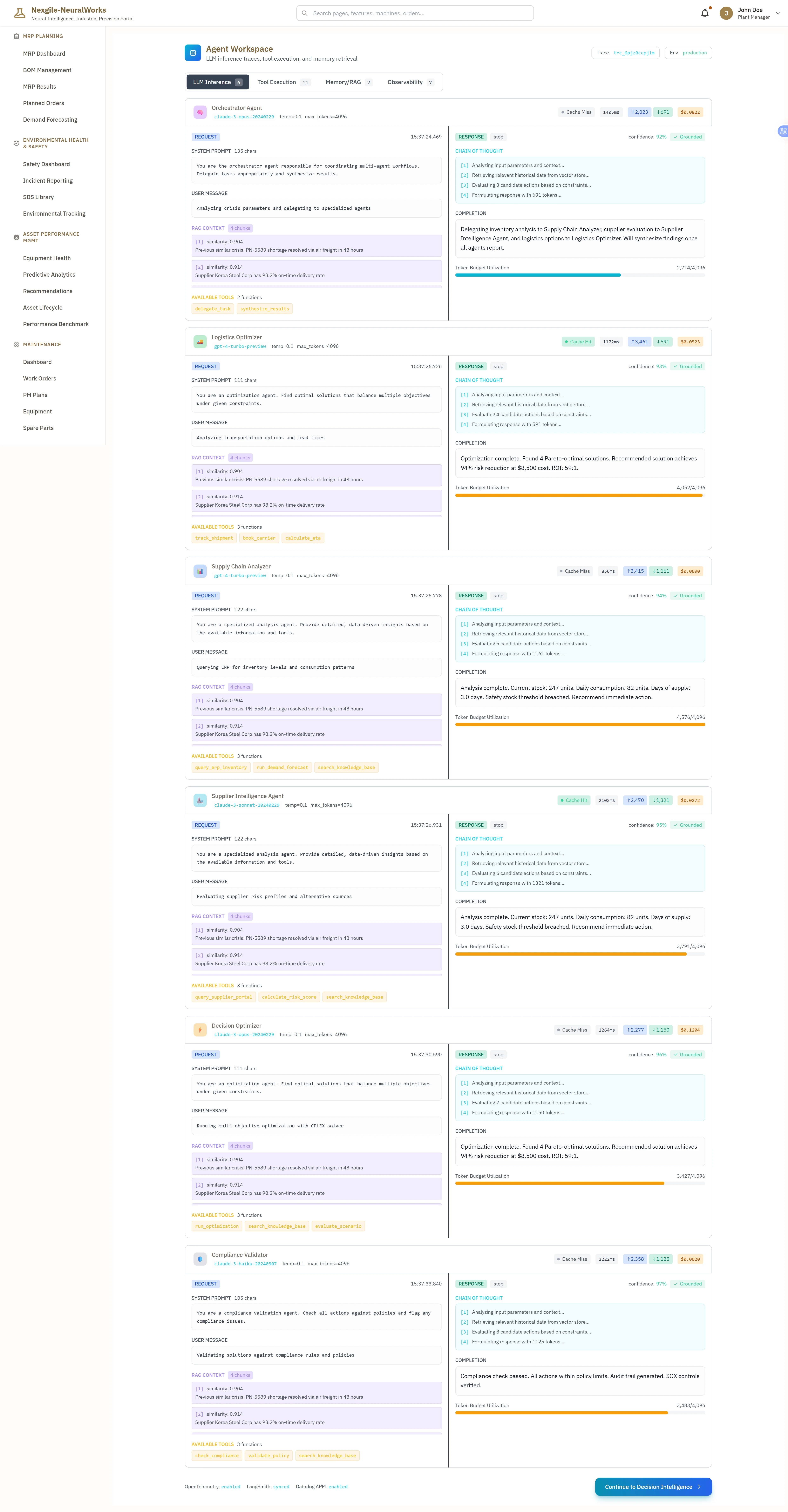 Agent Workspace - LLM Inference Traces and Tool Execution Details - Comprehensive observability dashboard with tabbed interface (LLM Inference selected, Tool Execution, Memory/RAG, Observability) displaying detailed execution traces for all 7 AI agents with color-coded agent icons. Shows Orchestrator Agent (claude-3, chain-of-thought enabled, temp=0.3, max_tokens=4096) with SYSTEM PROMPT defining role as supply chain crisis orchestrator responsible for coordinating multi-agent workflow, analyzing crisis parameters, and synthesizing results. Displays CHAIN OF THOUGHT reasoning showing comprehensive inventory analysis (Current stock: 247 units, Daily consumption: 82 units, Days of supply: 3.0 days, Safety threshold: 7 days, CRITICAL: Stockout risk identified within 72 hours) and recommended action for immediate supplier evaluation and alternative sourcing. Features Logistics Optimizer (gpt-4, chain-of-thought, temp=0.1, max_tokens=4000) with URGENT priority tag showing SYSTEM PROMPT for expedited transportation optimization using TMS APIs, analyzing carrier performance, and route alternatives. Includes AVAILABLE TOOLS section listing track_shipment, book_carrier, and analyze_routes with detailed JSON parameter specifications. Shows Supply Chain Analyzer (gpt-4, chain-of-thought, temp=0.2, max_tokens=4000) with URGENT priority displaying debugging inventory analysis output with PN-4472 data, consumption patterns, lead time variability analysis, and days-of-supply calculations. Presents Supplier Intelligence Agent (claude-3, chain-of-thought, temp=0.2, max_tokens=3500) with URGENT priority showing SYSTEM PROMPT for evaluating supplier alternatives, analyzing risk profiles using ML-based scoring, and assessing contract terms, with AVAILABLE TOOLS including query_supplier_portal and analyze_supplier_risk. Displays Decision Optimizer (claude-3, chain-of-thought, temp=0.0, max_tokens=3500) showing optimization execution details. Lists all agent cards with token usage and latency metrics, execution status, and tool parameters with JSON formatting showing input/output structures for supply chain crisis resolution tools