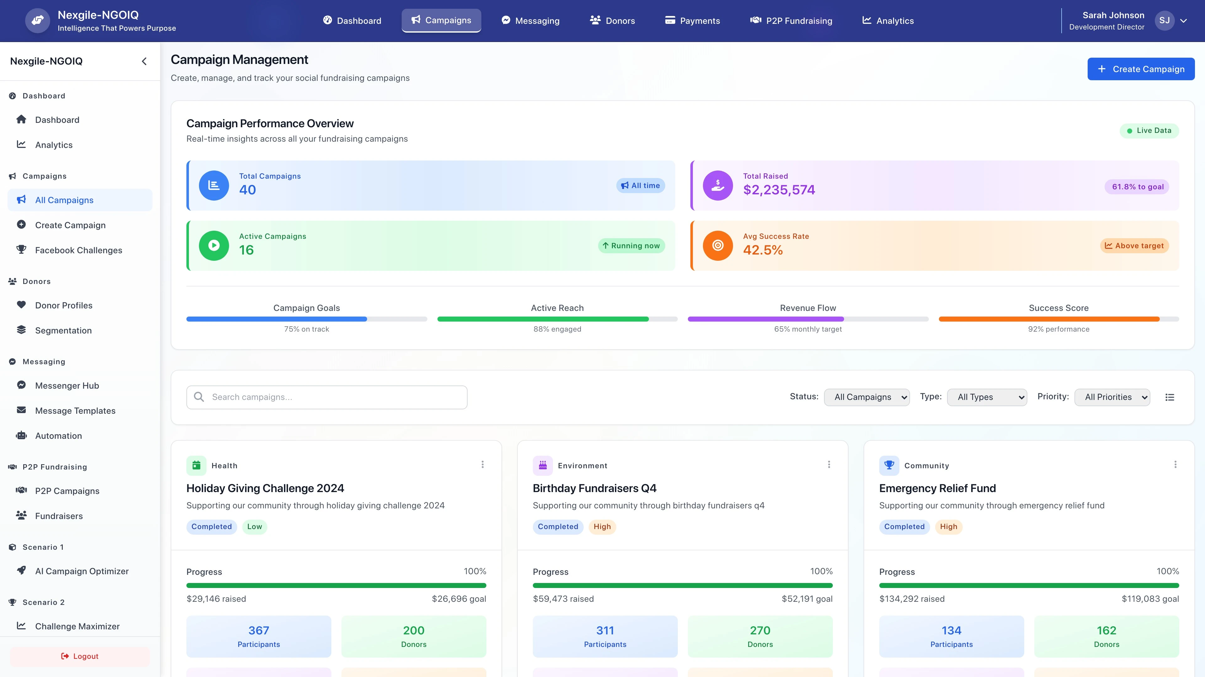 Campaigns Dashboard - Main portal interface showing campaign management and analytics