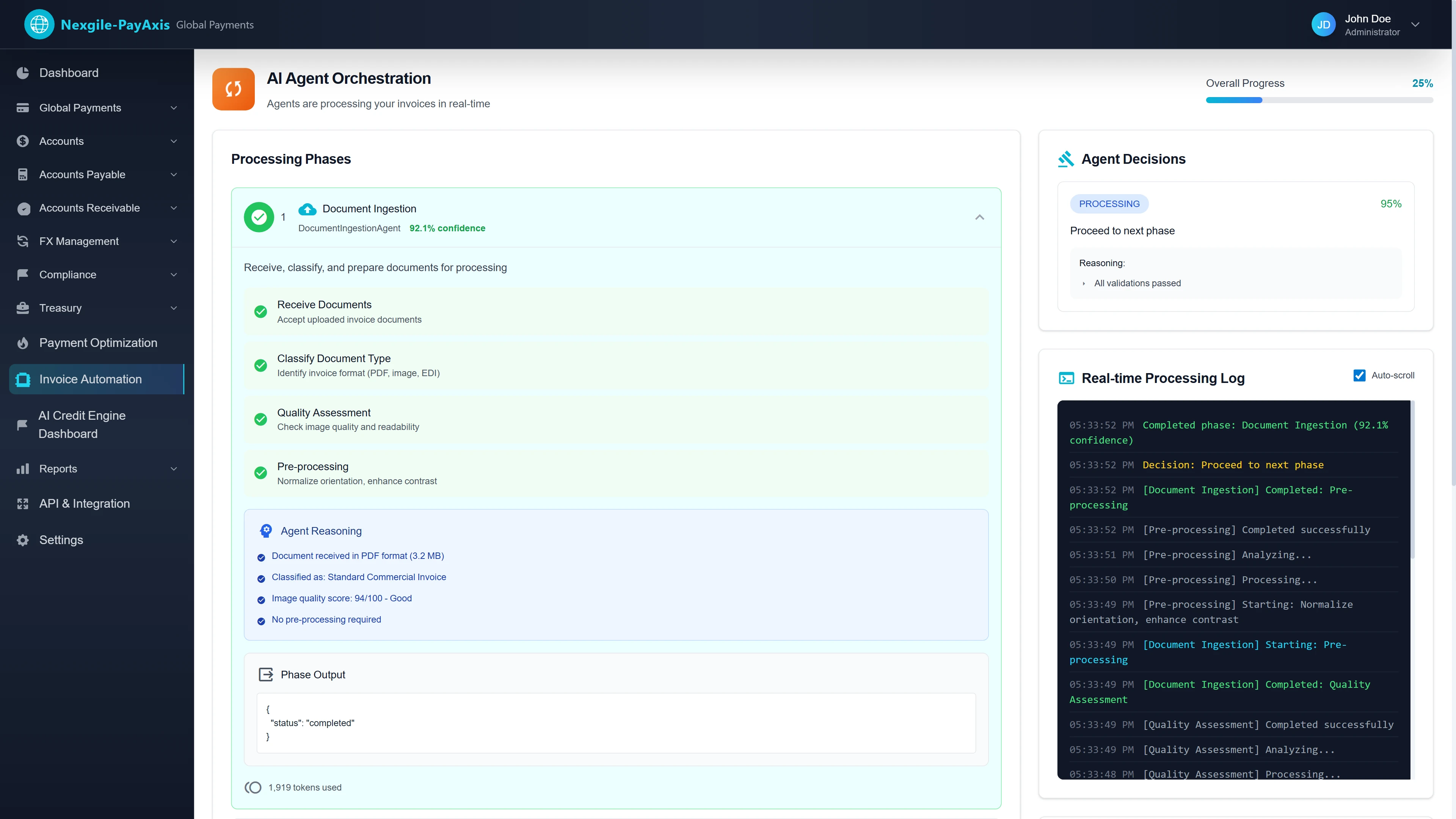 AI Agent Orchestration Document Ingestion - Real-time processing phases showing Document Ingestion at 92.1% confidence with receive, classify, quality assessment, and pre-processing steps completed, live agent reasoning and decision logs
