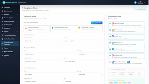 AI Compliance Check Transaction Submission - Multi-agent compliance analysis form with demo scenarios (High-Risk, Standard Business, Threshold Alert), 6 configurable compliance checks including sanctions screening, PEP screening, adverse media, pattern detection, behavioral analysis, and jurisdiction risk