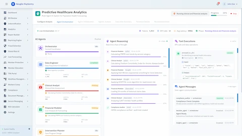 Agent Orchestration - Live multi-agent collaboration showing 8 active AI agents with real-time reasoning chains, tool executions, and inter-agent communication messages