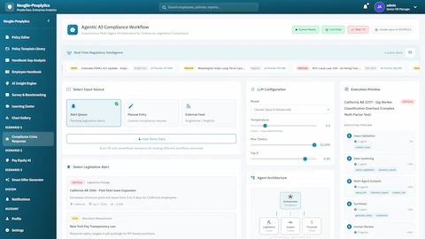 Agentic AI Compliance Workflow - Input source selection, LLM configuration, legislative alert selection, and agent architecture overview