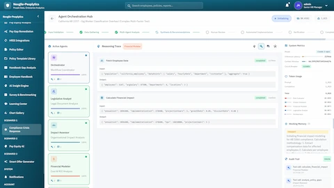 Agent Orchestration Hub - Active agents with reasoning trace, real-time code execution, token usage, and system metrics