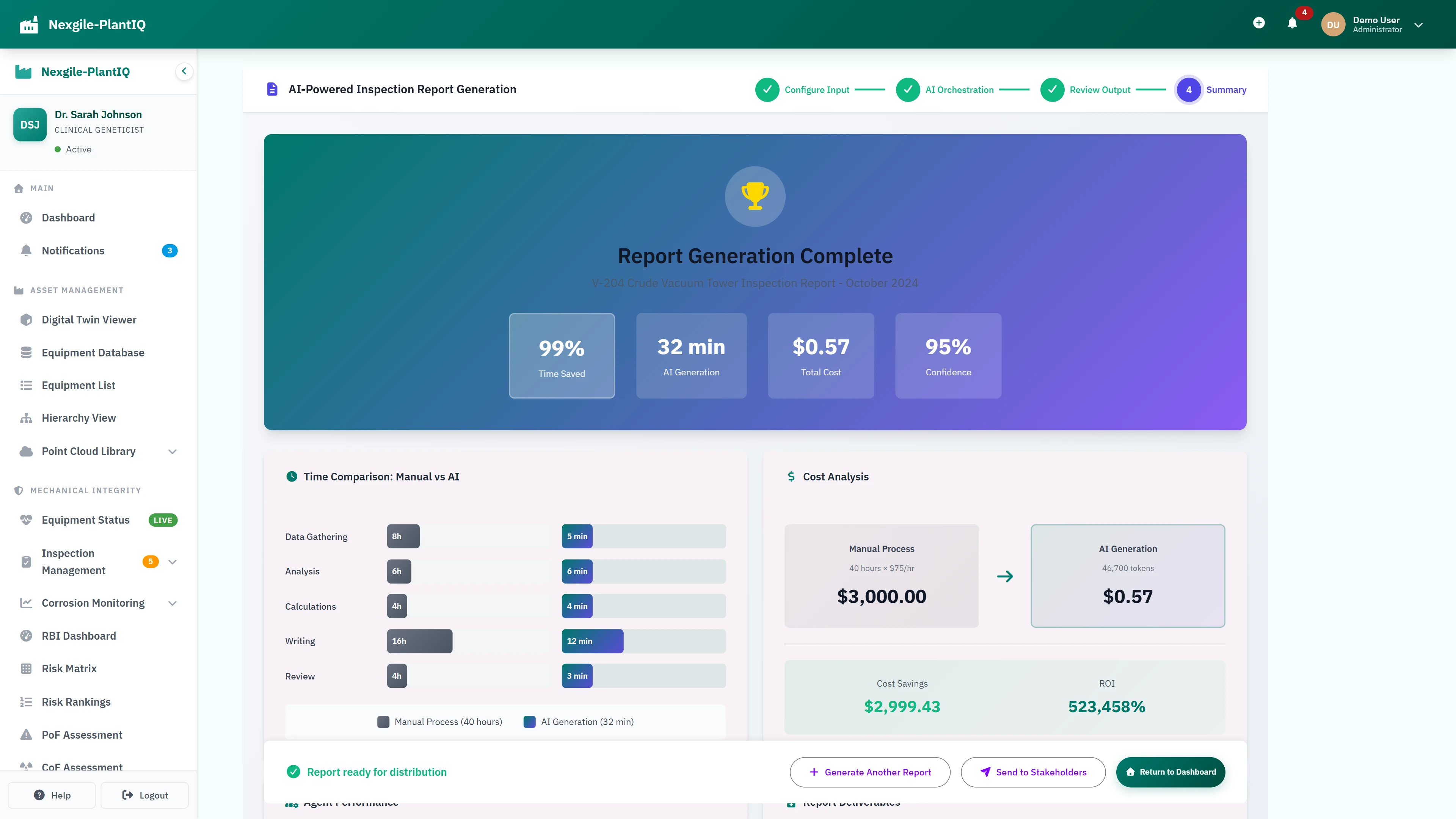Report Summary - Completion metrics with time savings and ROI analysis