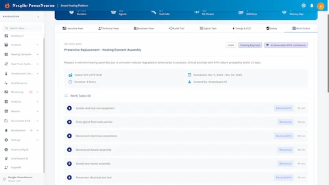 AI-generated Work Order with scheduled maintenance tasks and work instructions.