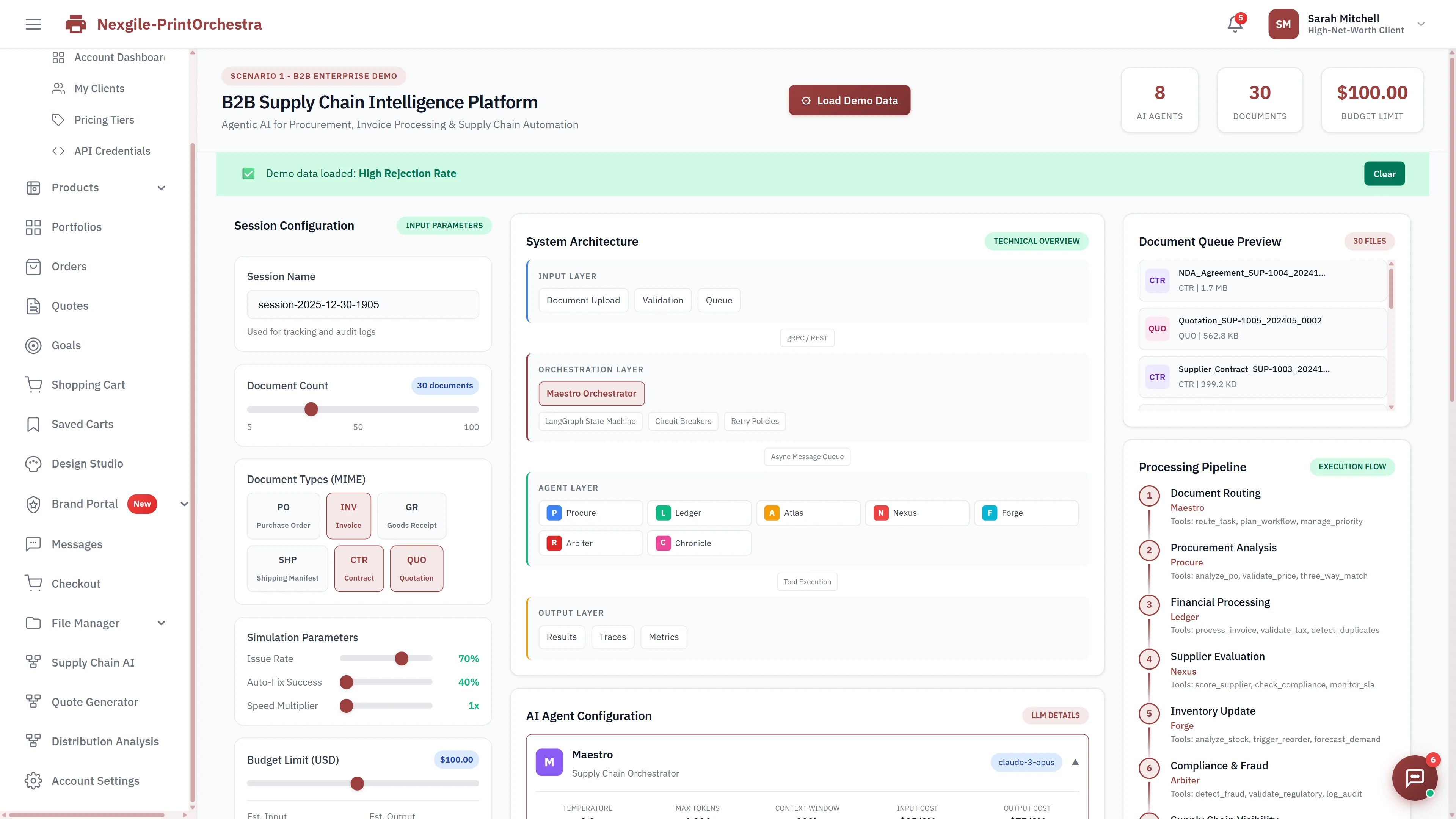 B2B Supply Chain Intelligence Platform session configuration showing 8 AI agents, document types (PO, Invoice, GR, Contract, Quotation), system architecture with orchestration and agent layers, and the processing pipeline workflow.