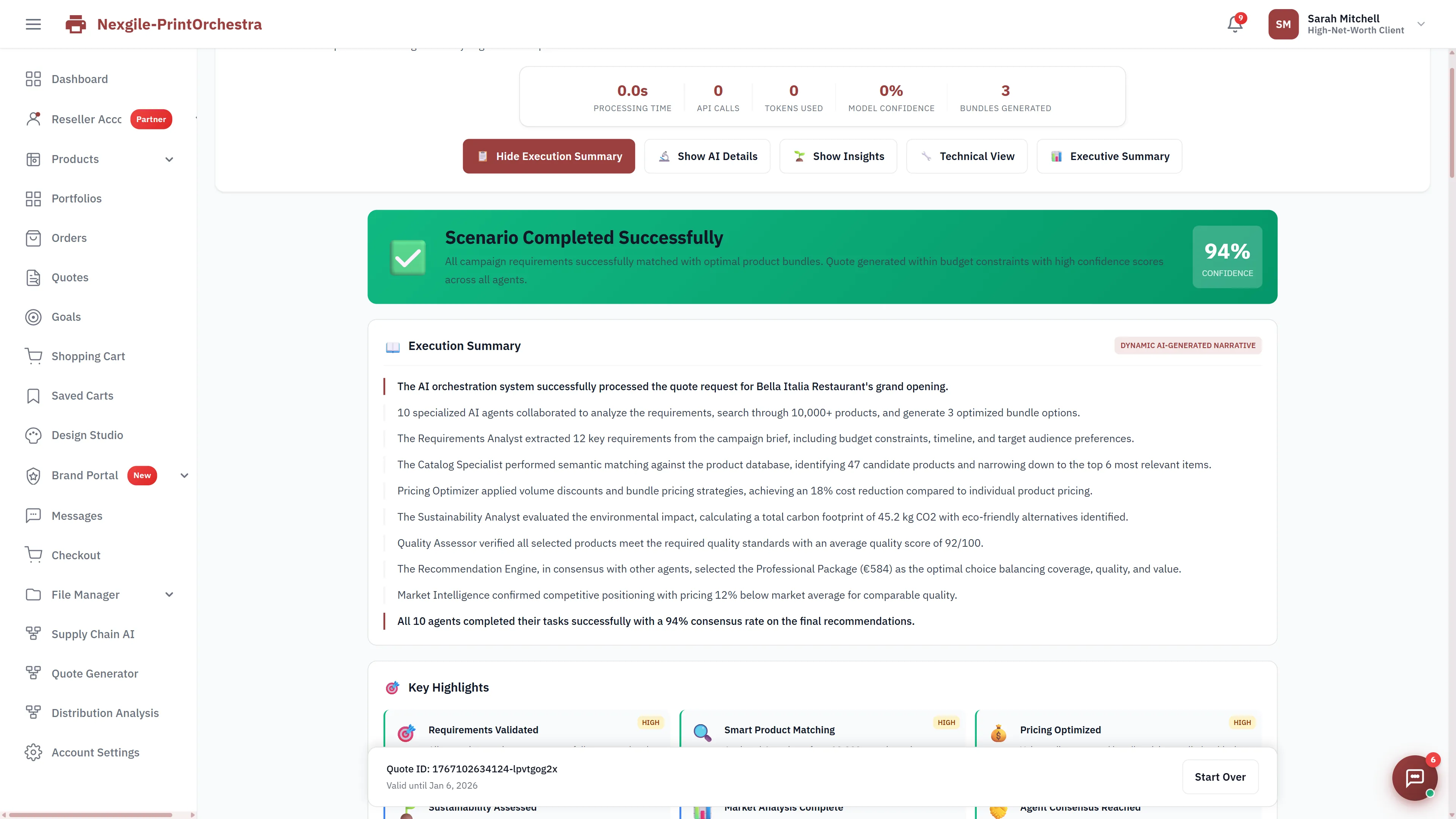 Scenario completed successfully with 94% confidence showing AI-generated execution summary, 10-agent collaboration results, key highlights for requirements validation, product matching, and pricing optimization.
