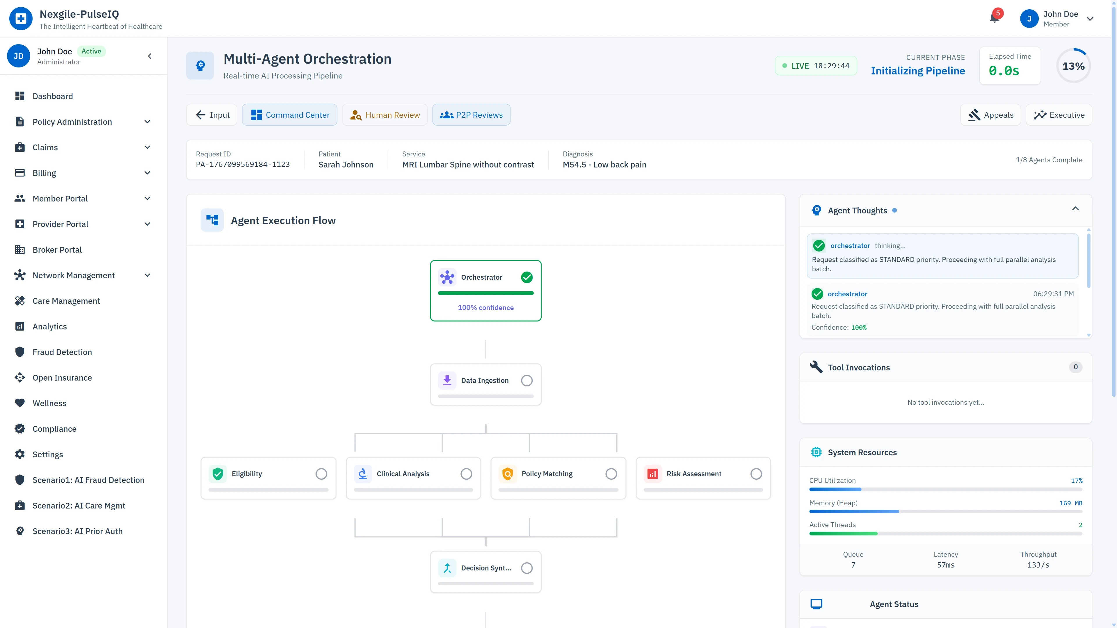Multi-Agent Orchestration - Real-time visualization of parallel agent execution flow with live system metrics and agent status tracking