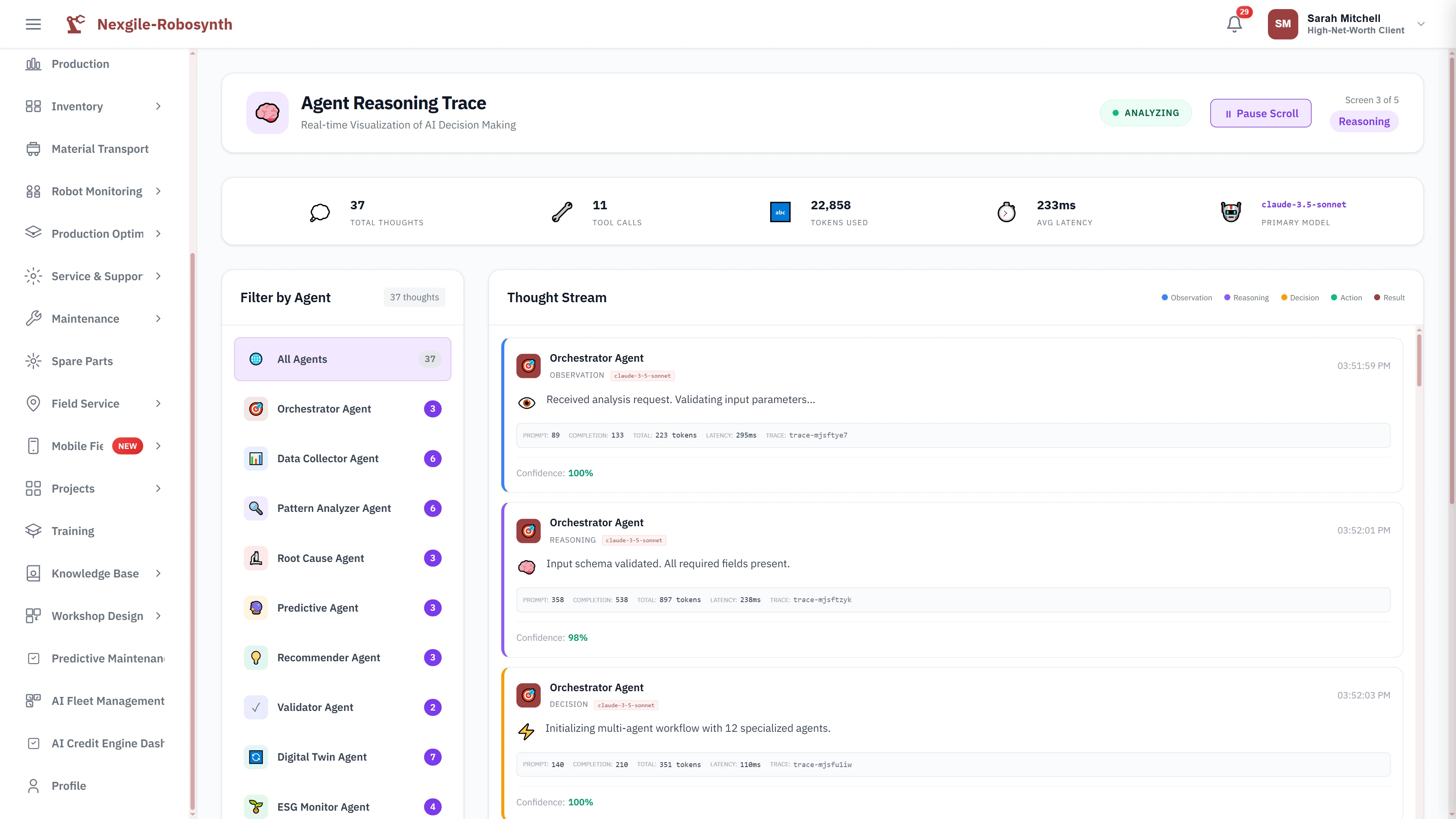 Live agent reasoning trace visualizing 37 thoughts across 10 specialized agents with real-time confidence scoring and decision tracking