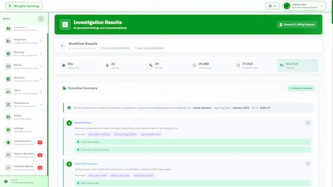 Investigation Results dashboard showing workflow metrics with 55s duration, 32 LLM calls, $0.17 cost, 11 phases completed, and detailed execution steps for data retrieval and validation.