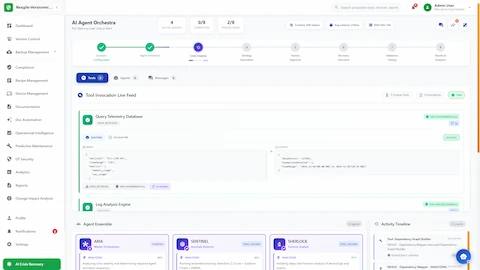 Real-time agent orchestration showing multi-agent workflow execution with live tool invocation feed and activity timeline