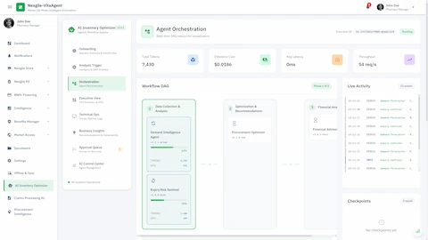 Agent Orchestration - Real-time DAG execution visualization showing parallel agent processing across data collection, optimization, and financial analysis phases